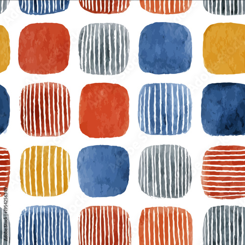 isolated clipart image of watercolor geometric decorative tiles stripes red blue yellow handpainted repetitive pattern linocut vector icon monoch