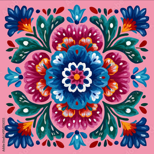 isolated clipart image of gouache floral folk geometric red pink blue turquoise teal pattern tile vector icon monochrome simple logo for kids on a pink bac
