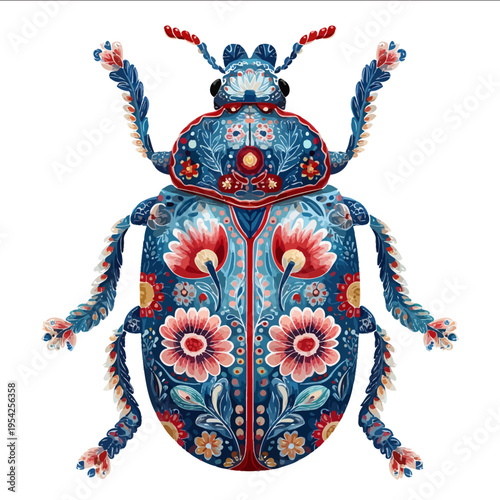 isolated clipart image of gouache floral folk geometric beetle red pink blue turquoise teal pattern tile vector icon monochrome simple logo for kids on a w
