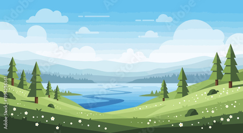 Pixel Art Landscape: Serene Lake, Rolling Hills, Pine Trees, and Cloudy Sky