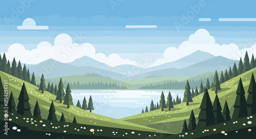 Pixel Art Landscape: Serene Lake, Rolling Hills, Pine Forest, Mountain Backdrop, Blue Sky