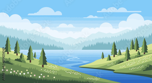 Pixel Art Landscape: Serene Lake, Rolling Hills, Pine Trees, and Distant Mountains Under Blue Sky