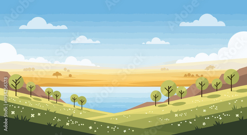 Pixel Art Landscape: Serene Lake, Rolling Hills, Trees, and Clouds