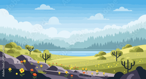 Pixel Art Landscape: Serene Lake, Rolling Hills, Wildflowers, and Misty Mountains