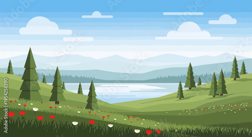 Pixel Art Landscape: Serene Lake, Rolling Hills, Wildflowers, and Pine Trees under Blue Sky