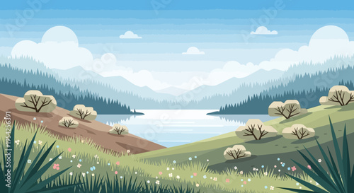 Pixel Art Landscape: Serene Lake, Rolling Hills, Wildflowers, and Misty Mountains