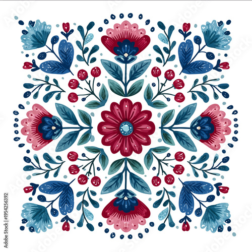 isolated clipart image of gouache floral folk geometric red pink blue turquoise teal pattern tile vector icon monochrome simple logo for kids on a white ba