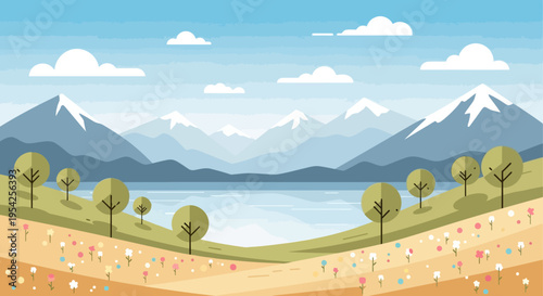 Pixel Art Landscape: Serene Lake, Snow-Capped Mountains, Blooming Meadow, and Trees