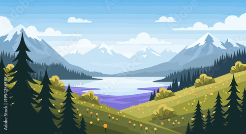 Pixel Art Landscape: Serene Lake, Snow-Capped Mountains, and Rolling Hills with Flowers