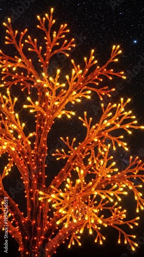 Glowing tree branches illuminated with orange and yellow lights against a starry night sky background for festive decoration