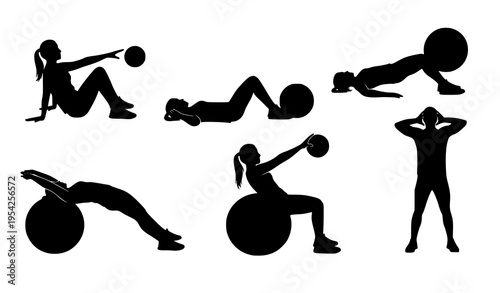 Gym stability ball exercise silhouettes vector core training workout set