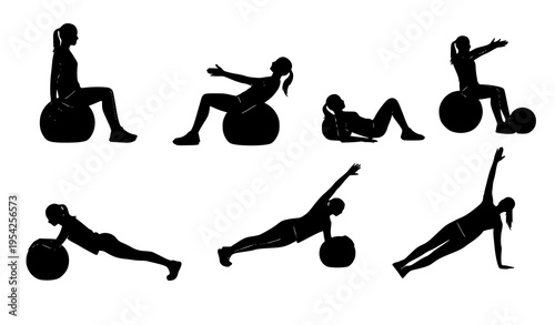 Stability ball workout silhouettes vector fitness core training exercise set