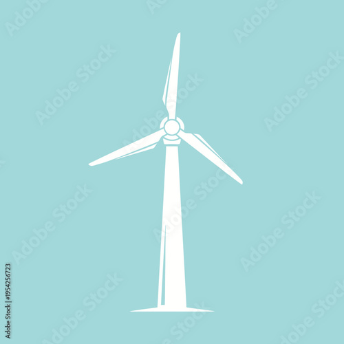 Illustration of a wind turbine with three blades on a light blue background.