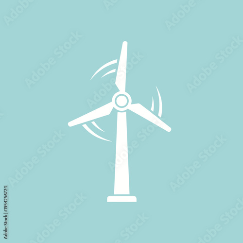 White wind turbine with three blades on a light blue background.