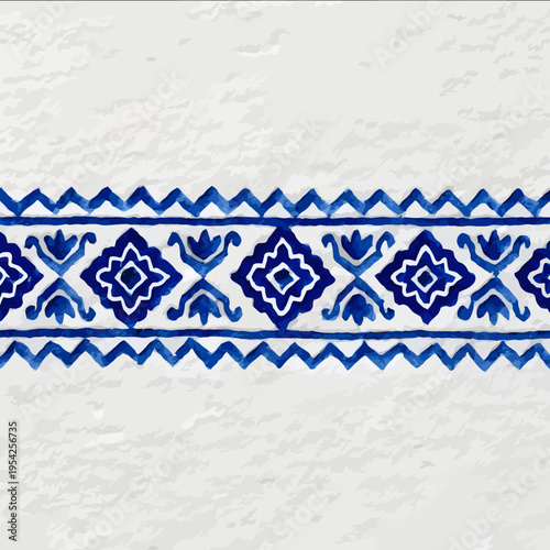 isolated clipart image of watercolor gouache blue and white borders strips folk geometric pattern tile vector icon monochrome simple logo for kids on a whi