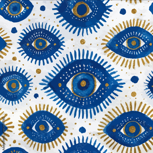 isolated clipart image of watercolor geometric ogee evil eye sunrays blue yellow handpainted repetitive pattern linocut vector icon monochrome simple logo