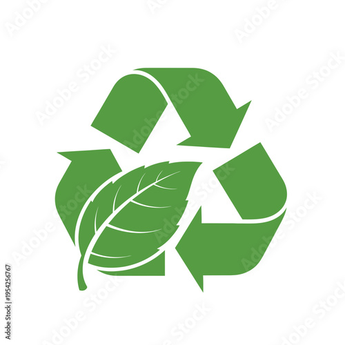 Green recycling symbol with two leaves integrated into the design.