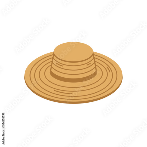 Illustration of a wide-brimmed straw hat with a rounded crown.