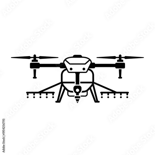 Black and white illustration of a drone with multiple rotors and landing gear.