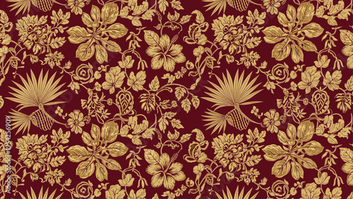 Luxurious Seamless Gold Floral and Botanical Pattern on Rich Maroon Background, Elegant Vintage Wallpaper or Fabric Texture