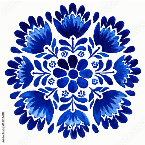 isolated clipart image of watercolor gouache blue floral folk lattice geometric pattern tile vector icon monochrome simple logo for kids on a whi