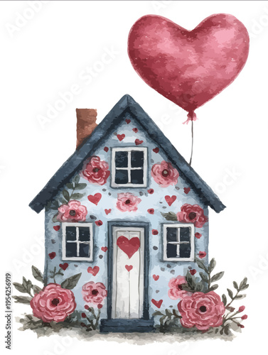 isolated clipart image of watercolor blue red pink house with floral heart balloon home is where the heart is floral doodle vector icon monochrome black an