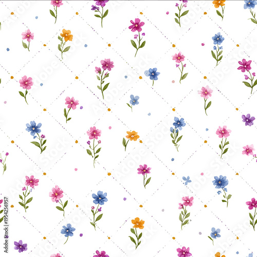 isolated clipart image of watercolor geometric grids bright colorful pink electric blue green orange yellow lilac cute ditsy wildflowers repeatin