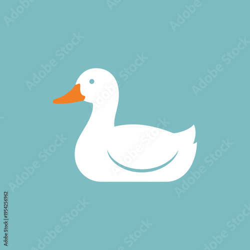 Illustration of a white duck with an orange beak on a blue background.