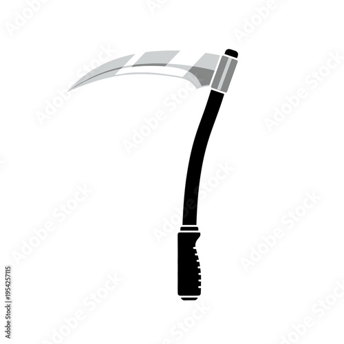 Illustration of a sickle with a black handle and curved blade.