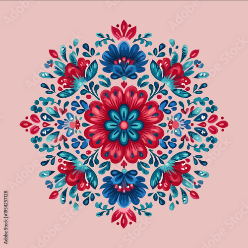 isolated clipart image of gouache floral folk geometric red pink blue turquoise teal symmetry pattern tile vector icon monochrome simple logo for