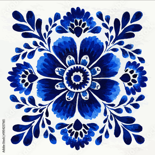 isolated clipart image of watercolor gouache blue floral folk lattice geometric pattern tile vector icon monochrome simple logo for kids on a white backgro