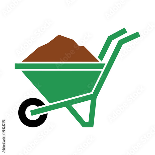Wheelbarrow filled with soil or compost, viewed from the side.
