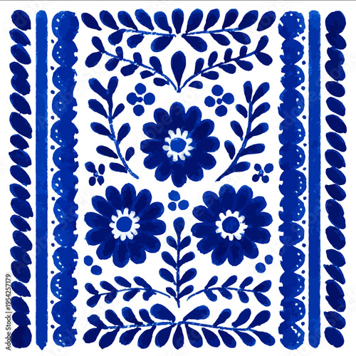 isolated clipart image of gouache blue and white borders strips floral folk geometric pattern tile vector icon monochrome simple logo for kids on