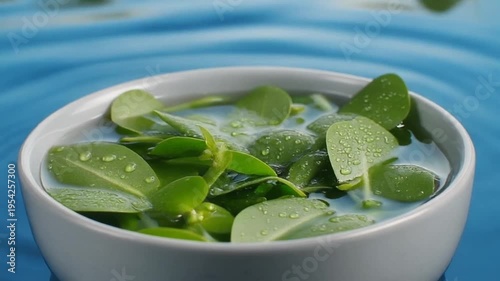 A bowl of green leaves in water with ripples in the background, possibly for a healthy eating or wellness concept