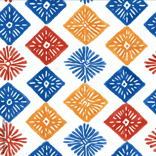 isolated clipart image of watercolor geometric decorative tiles stripes sunrays red blue yellow handpainted repetitive pattern linocut vector ico