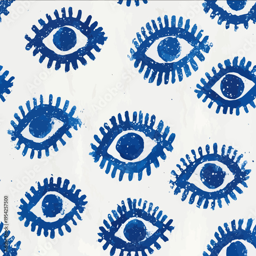 isolated clipart image of watercolor geometric blue green handpainted evil eye repetitive pattern linocut vector icon monochrome simple logo for