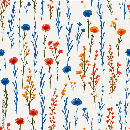 isolated clipart image of watercolor geometric stripes wildflowers red blue yellow handpainted repetitive pattern linocut vector icon monochrome simple log