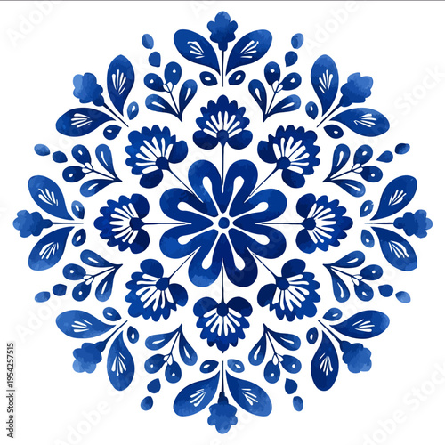 isolated clipart image of gouache blue floral folk geometric pattern tile vector icon monochrome simple logo for kids on a white background