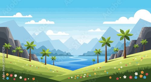 Pixel Art Landscape: Serene Valley with Mountains, River, and Palm Trees