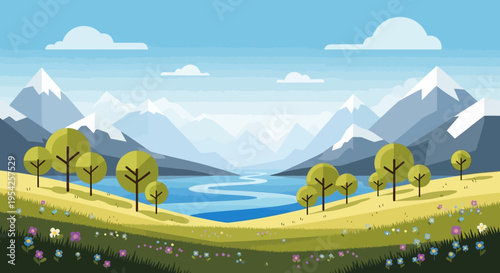 Pixel Art Landscape: Serene Valley with Mountains, River, and Wildflowers