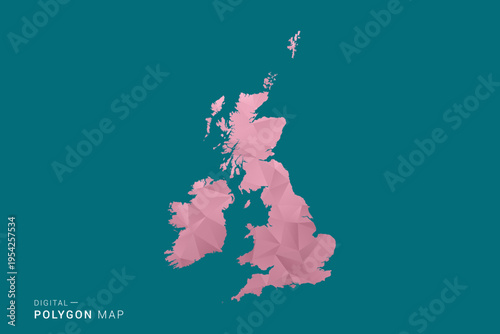 United Kingdom polygon map vector illustration in low poly geometric style, soft pastel colors with pink and teal green tones, clean silhouette on solid background, ideal for infographic.