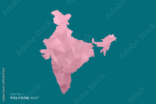 India polygon map vector illustration in low poly geometric style, soft pastel colors with pink and teal green tones, clean silhouette on solid background, ideal for infographic.