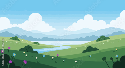 Pixel Art Landscape: Serene Valley with River, Mountains, and Flowers