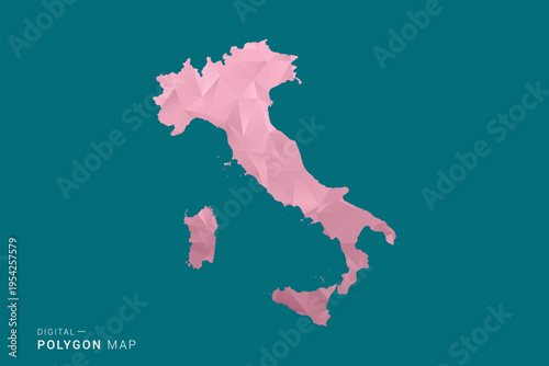 Italy polygon map vector illustration in low poly geometric style, soft pastel colors with pink and teal green tones, clean silhouette on solid background, ideal for infographic.