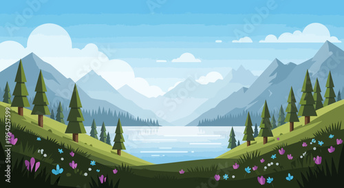 Pixel Art Landscape: Serene Mountain Lake with Pine Trees and Wildflowers