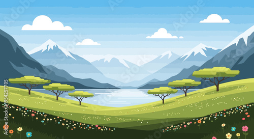 Pixel Art Landscape: Serene Mountain Lake, Green Hills, and Blooming Wildflowers
