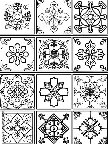a coloring book page showing different patterns of tile designs for mosaics each pattern in its own square shape with clear lines and simple shap