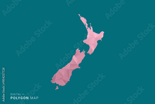 New Zealand polygon map vector illustration in low poly geometric style, soft pastel colors with pink and teal green tones, clean silhouette on solid background, ideal for infographic.