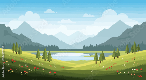 Pixel Art Landscape: Serene Mountain Lake, Rolling Hills, and Wildflowers in Vibrant Colors