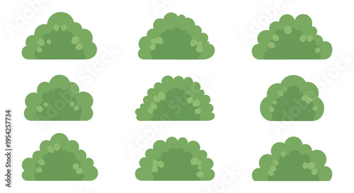 Illustrative pattern showcasing assorted green bushes on white backdrop showcasing nature elements
